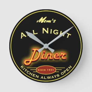 Mum's or Any Name Fun All Night Faux Neon Diner - Round Clock