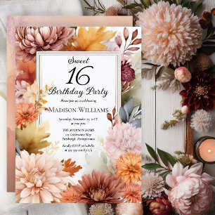 Mums   Peonies Floral Sweet 16 Birthday Party Invitation