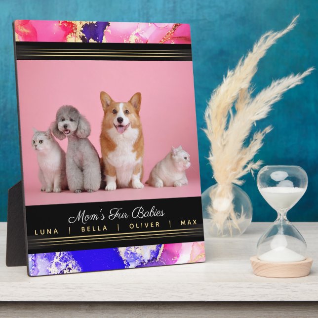 Mum's Pets Name Photo Template Pink Abstract Plaque (Side)