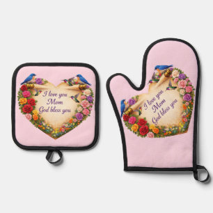 Mum's Pink Floral Heart Oven Mitt /Pot Holders Set