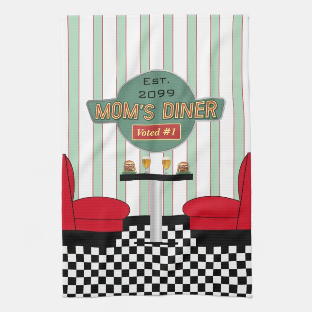Mum's Retro Diner with Burgers & Beer Tea Towel (Vertical)