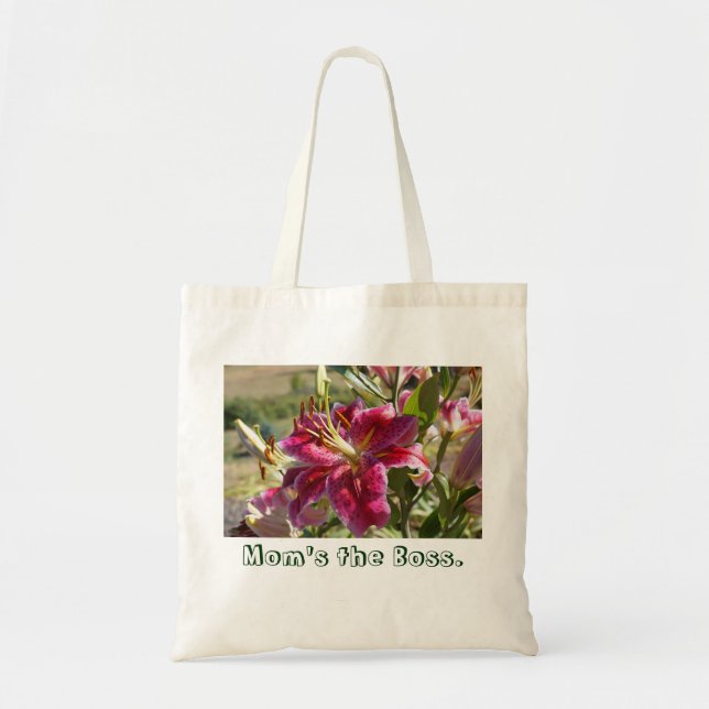 Mum's the Boss Tote Bags Pink Lily Flowers custom (Front)