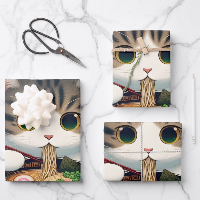 Munchkin Cat Eating Ramen Wrapping Paper Sheet (Front)