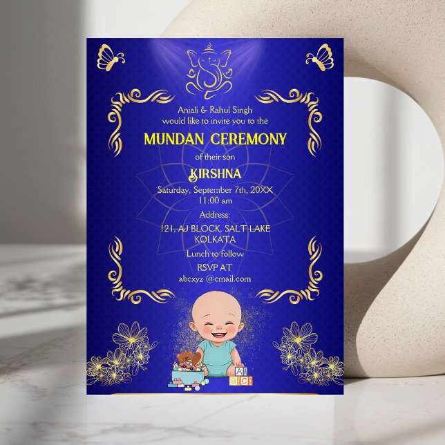 Mundan Ceremony Ganesha Logo Blue Golden Butterfly Invitation (Creator Uploaded)