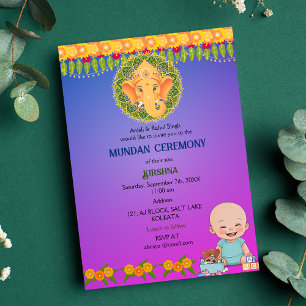 Mundan Ceremony Ganesha Logo Minimal Floral Invitation