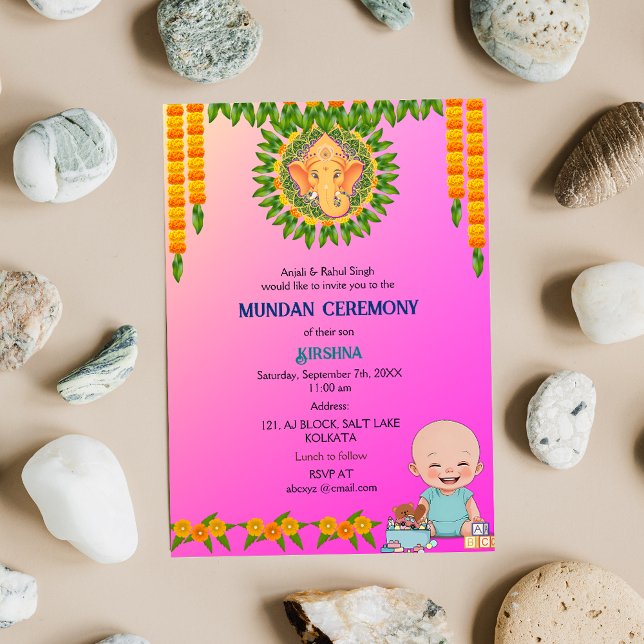 Mundan Ceremony Ganesha Logo Minimal Floral Invitation (Creator Uploaded)