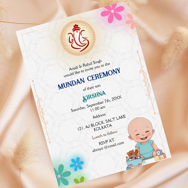 Mundan Ceremony Ganesha Logo Minimal Floral Invitation (Creator Uploaded)