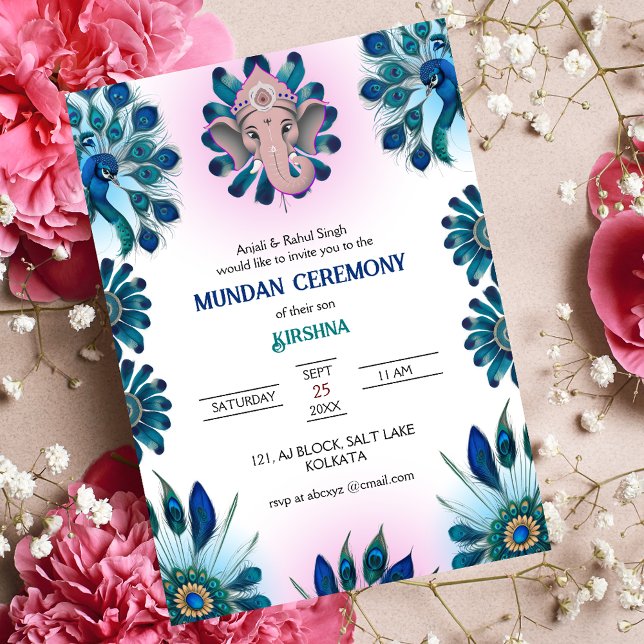 Mundan Ceremony Ganesha logo Peacock Design Invitation (Creator Uploaded)