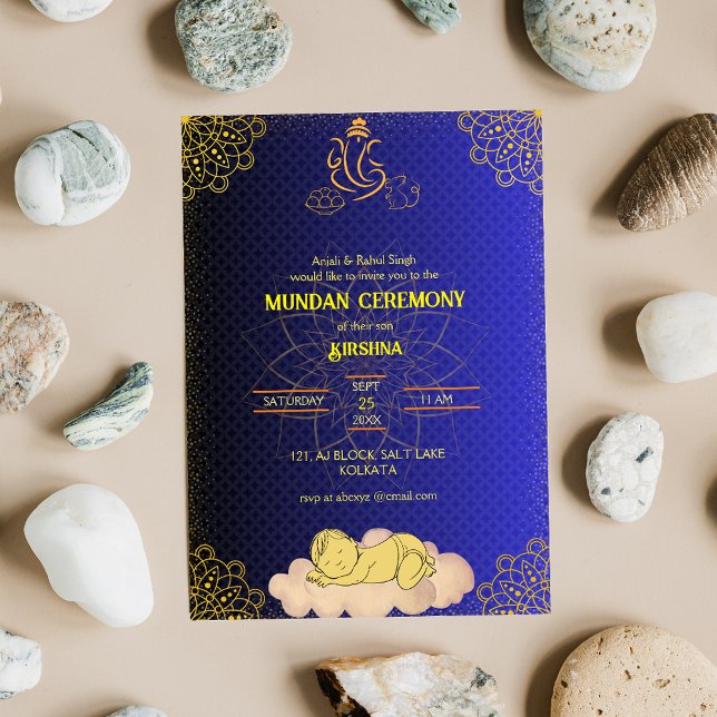 Mundan Ceremony Ganesha logo Royal Golden & Blue Invitation (Creator Uploaded)