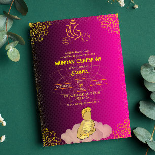 Mundan Ceremony Ganesha logo Royal Golden & Pink Invitation