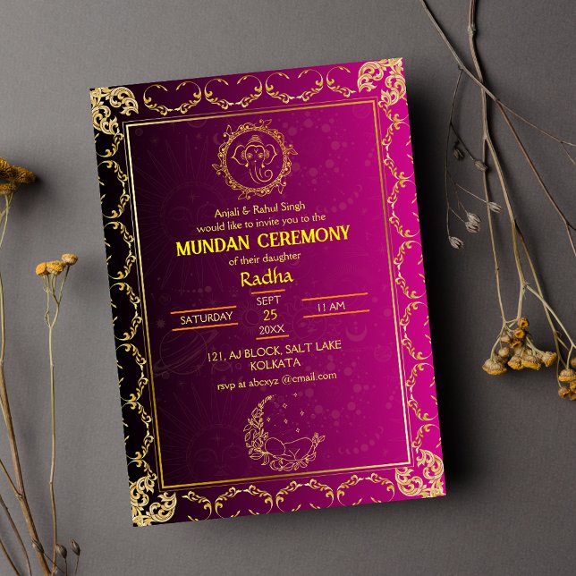 Mundan Ceremony Ganesha logo Royal Golden & Pink Invitation (Creator Uploaded)