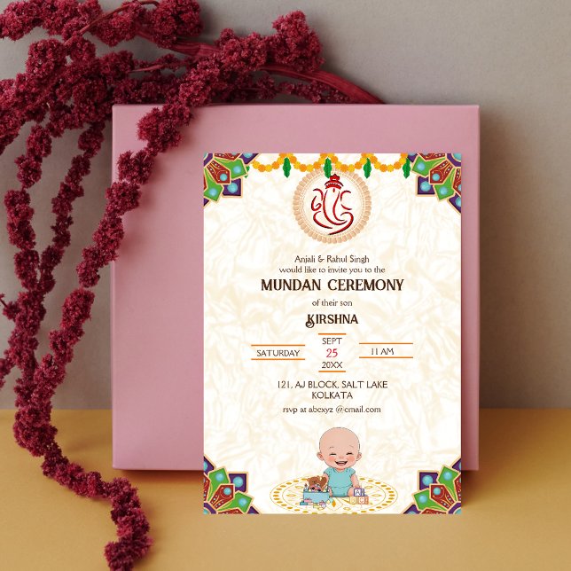 Mundan Ceremony Ganesha logo Royal Golden & Teal Invitation (Creator Uploaded)