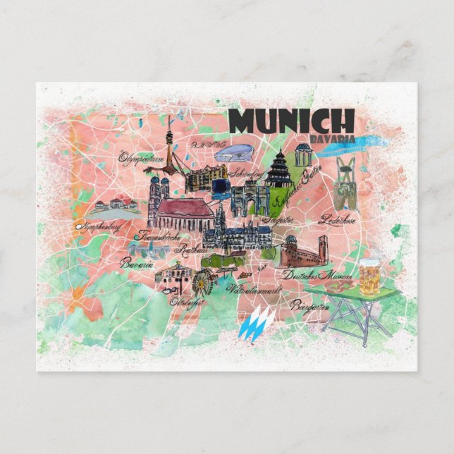 Munich Bavaria Illustrated Travel Map Postcard (Front)