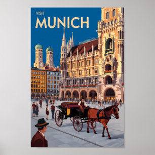 Munich Germany Marienplatz Travel Art Vintage Poster