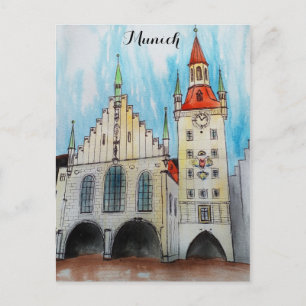 Munich Germany Old Town Hall Watercolor Postcard