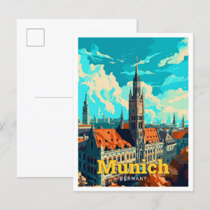 Munich Germany Travel Art Vintage Illustration Postcard
