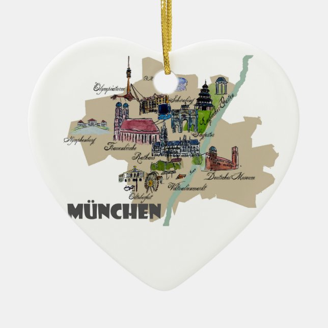 Munich Map Overview Ceramic Tree Decoration (Front)