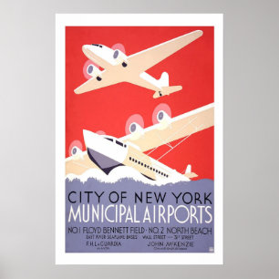 Municipal Airports New York US USA Vintage Travel Poster