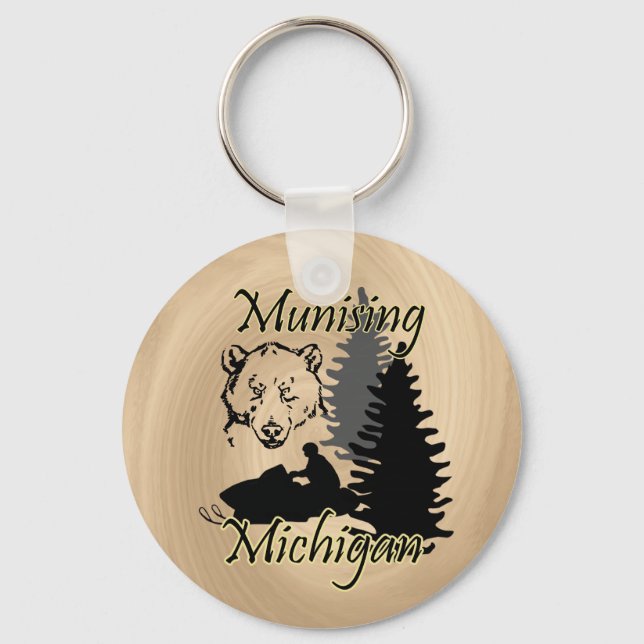 Munising Michigan Snowmobile Bear Wood Look Key Ring (Front)