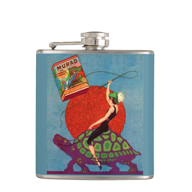 Murad cigarettes lady riding giant tortoise hip flask (Front)