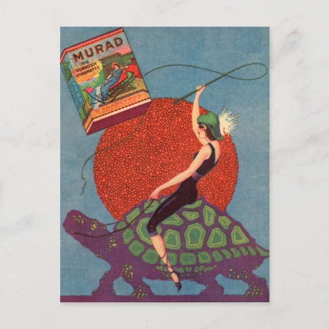 Murad cigarettes lady riding giant tortoise postcard (Front)