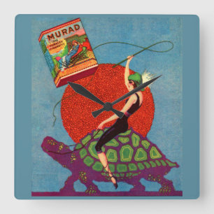 Murad cigarettes lady riding giant tortoise square wall clock