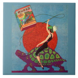 Murad cigarettes lady riding giant tortoise tile