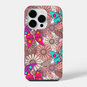 Mural doodle art butterflies and flowers colourful iPhone 14 pro case
