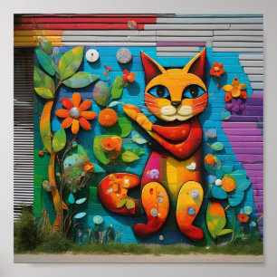 Mural of a Cat and Flowers Poster