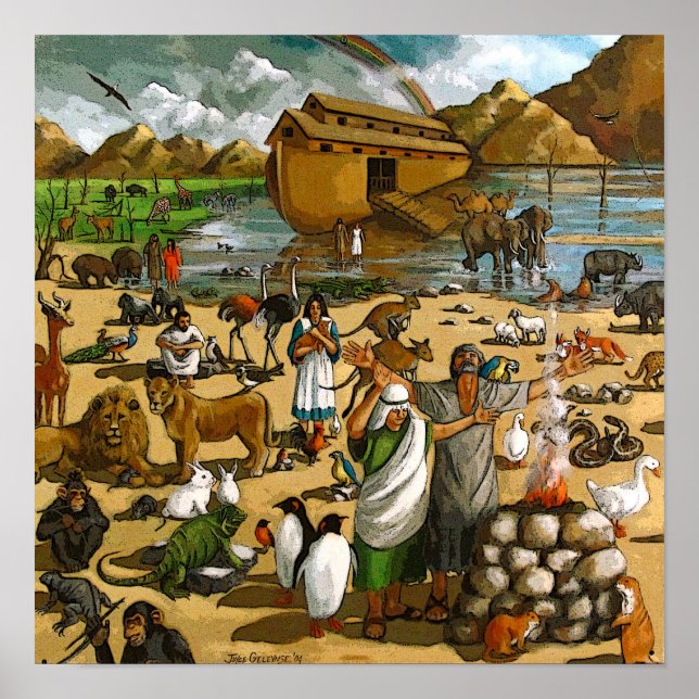 Mural Of Noah And The Ark: Animals, Rainbow, Art Poster (Front)