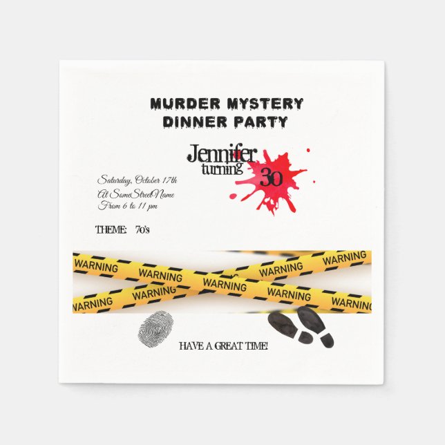Murder mystery birthday dinner party crime scene   napkin (Front)