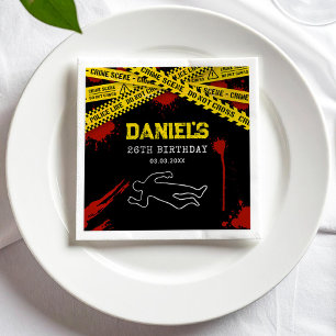 Murder Mystery Party with Yellow Tape and Blood Napkin