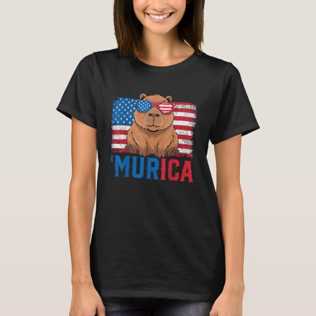Murica Capybara USA Flag Sunglasses Patriotic T-Shirt (Front)