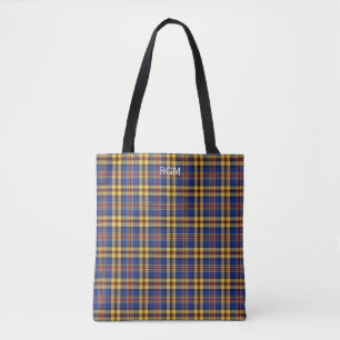 Murtaugh Clan Tartan Blue and Gold Plaid Monogram Tote Bag