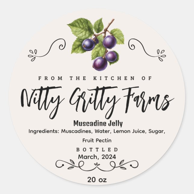 Muscadine Jam Jelly preserve Custom Canning Label (Front)