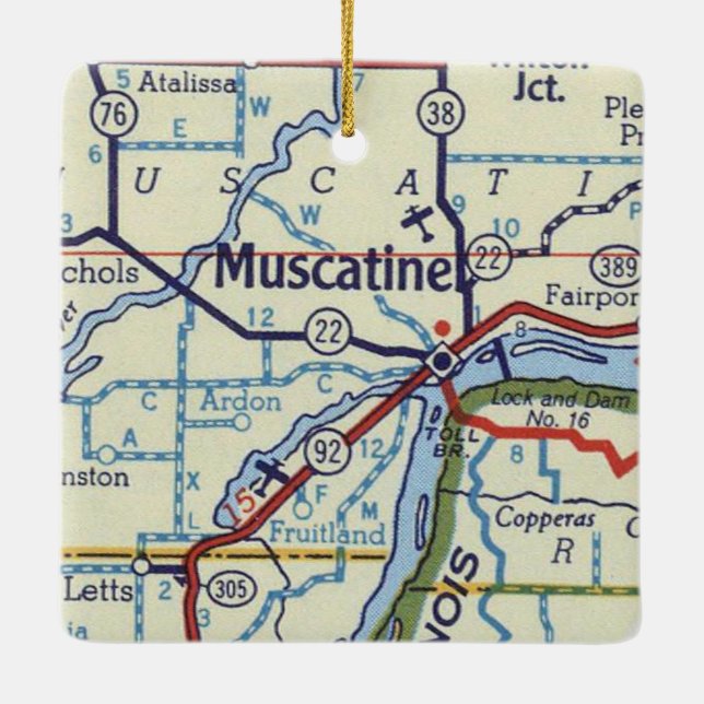 Muscatine IA Vintage Map Ceramic Ornament (Back)
