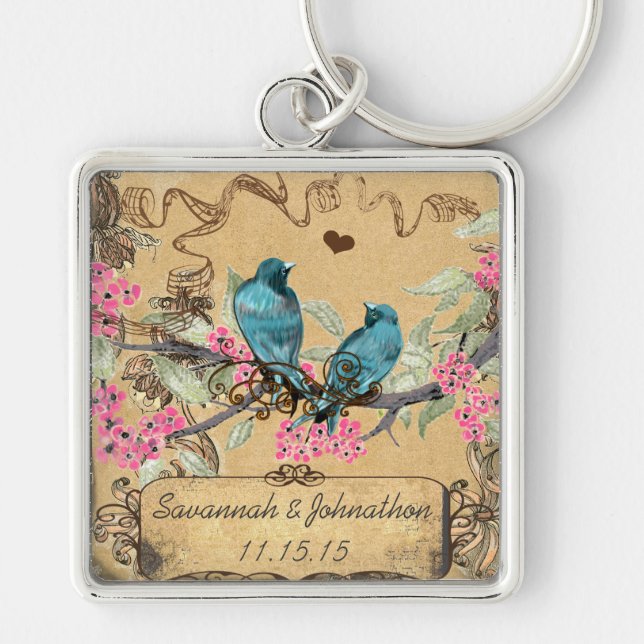 Muscial Vintage Birds Hand Drawn Blooms Key Chain (Front)