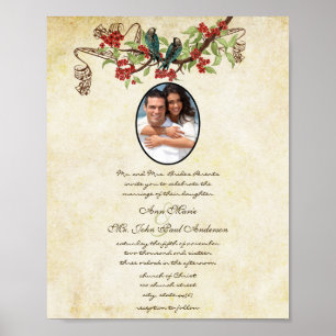Muscial Vintage Teal Bird Red Bloom Wedding Invite Poster