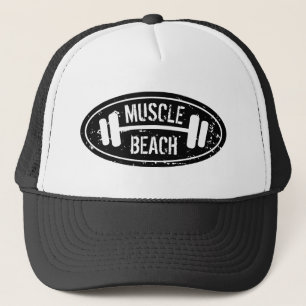 Muscle Beach trucker hat with dumbbell logo