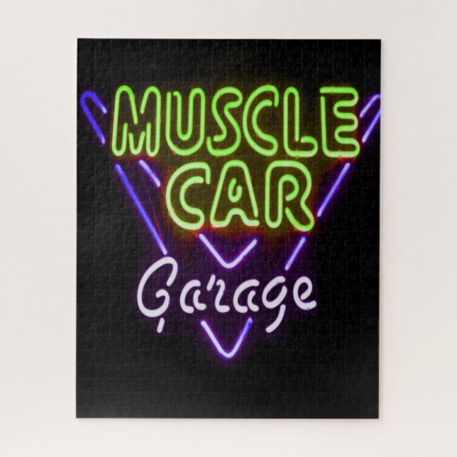 Muscle Car Garage Neon Sign Blue Green Jigsaw Puzzle (Vertical)