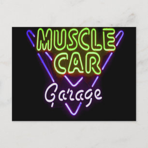 Muscle Car Garage Neon Sign Blue Green Postcard