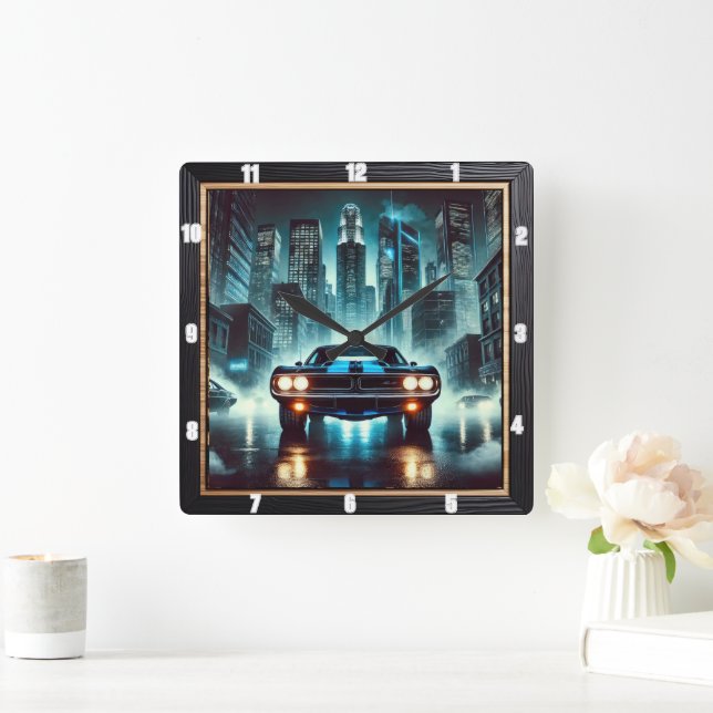 Muscle Car in Futuristic City Night Bright Lights Square Wall Clock (Home)