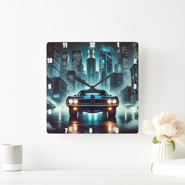 Muscle Car in Futuristic City Night Bright Lights Square Wall Clock (Home)