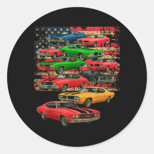 Muscle Classic Car Guy American Flag Fathers Day Round Sticker