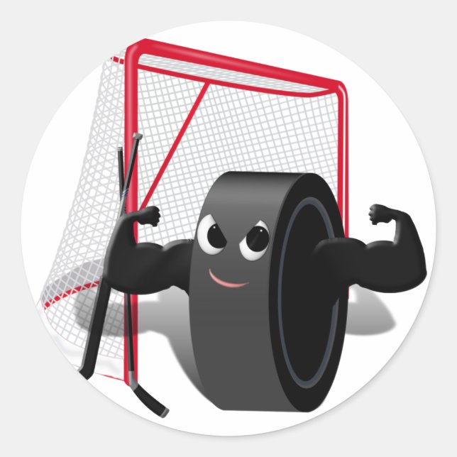 Muscle Man Hockey Puck w/Goal & Hockey Sticks Classic Round Sticker (Front)