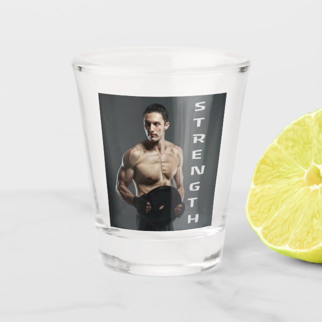 Muscle Man Strength Lift Weights Gym Workout Shot Glass (Front)
