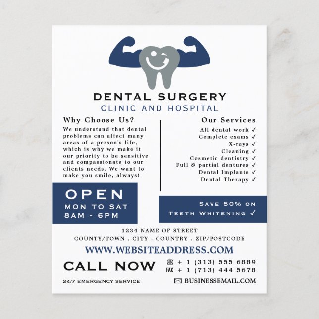 Muscle Tooth Logo, Dentistry, Dentist Advertising Flyer (Front)