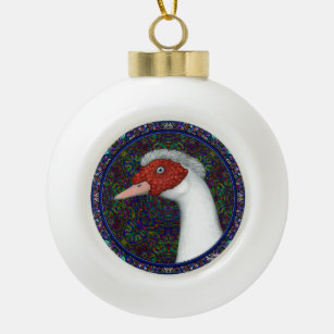 Muscovy Duck Head White Ceramic Ball Christmas Ornament