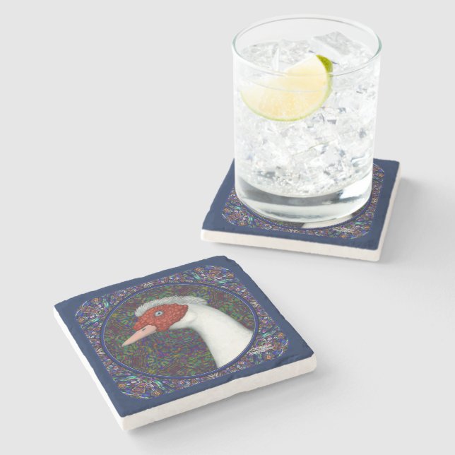 Muscovy Duck Head White Stone Coaster (Side)