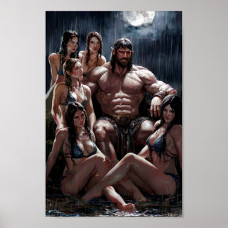 Muscular Barbarian Surrounded by Sexy Women Poster